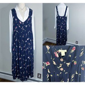 90's Express Jumper Dress Express Blue Floral Market Dress Victorian Roses VTG